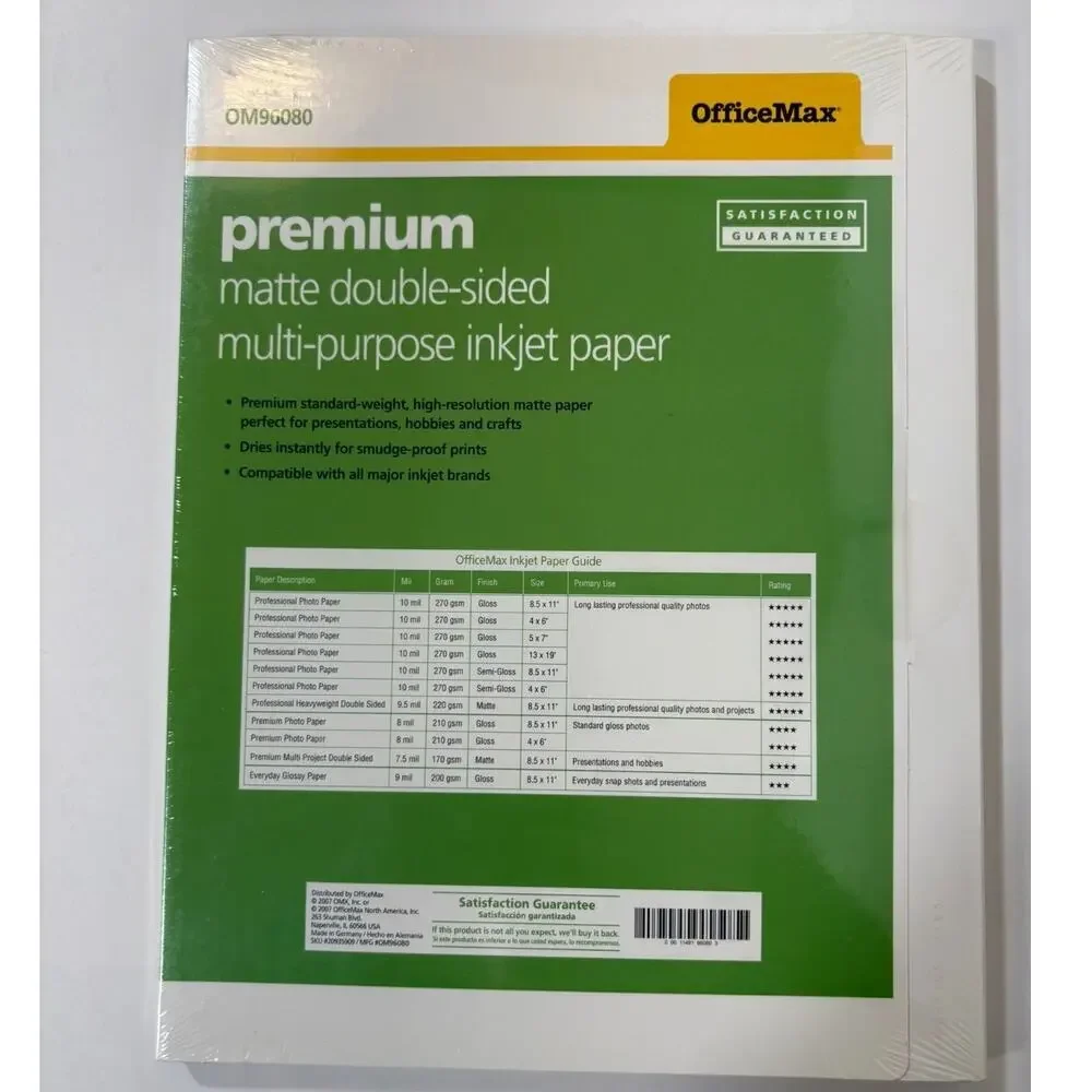 OfficeMax Double Sided Inkjet Paper, Matte Premium, Inkjet OM96080 50 Sheets
